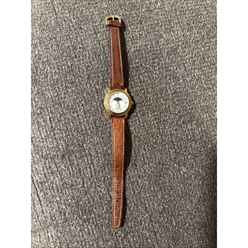 VTG AXCESS Quartz Watch Women Moon Phase Dual Tone Leather Analog New Battery